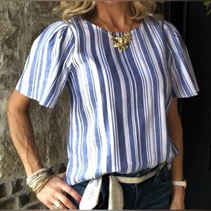 CABI BLUE AND WHITE LINEN BLEND WIDE SLEEVE TOP S